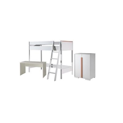 Høj juniorseng med skrivebord og garderobeskab – London sæt 90 × 200 cm, hvid