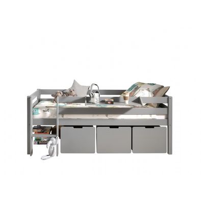 Halvhøj seng til børn – Pino, grå med skuffer og hylde