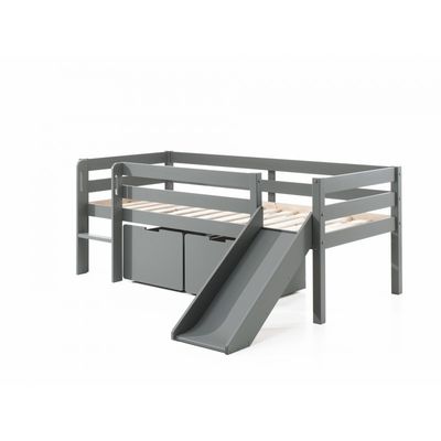 Halvhøj børneseng med rutsjebane og 2 skuffer – Pino, grå