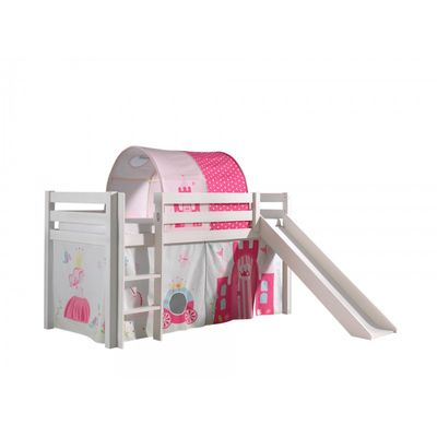 Halvhøj seng med rutsjebane – Pino, hvid, Prinsesse forhæng og tunnel