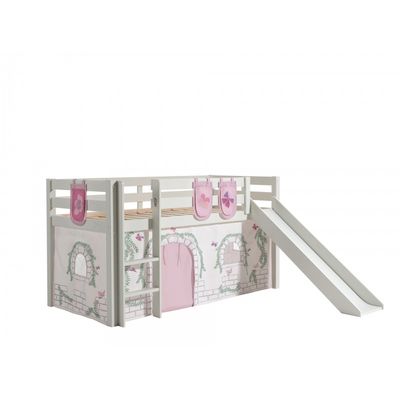 Halvhøj seng med rutsjebane – Pino, hvid med Birdy gardin