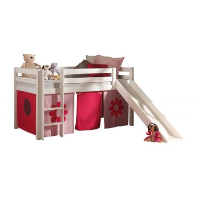 Halvhøj seng med rutsjebane – Pino, hvid, Pink Flower gardin