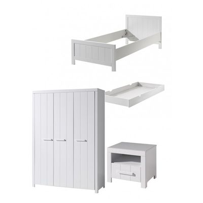 Børneværelses sæt Erik – hvid (seng 90×200, skuffe, natbord, 3-dørs garderobe)