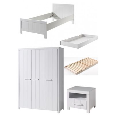 Børnemøbelsæt Erik – hvid seng 90×200 med skuffe, natbord og 3-dørs garderobe