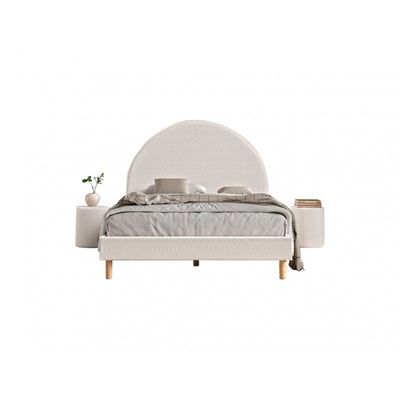 Seng med gavl 140 x 200 cm + 2 puffer – Moon, hvid bouclé