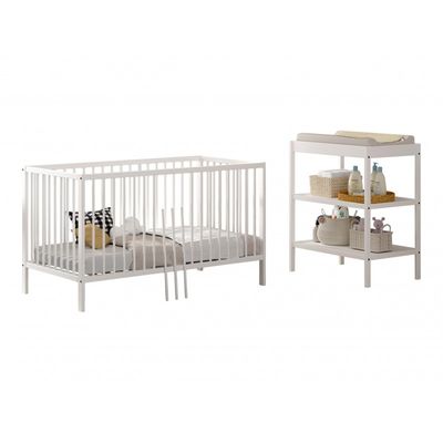 Babyseng og puslebord sæt – Dino, 70 × 140 cm, hvid