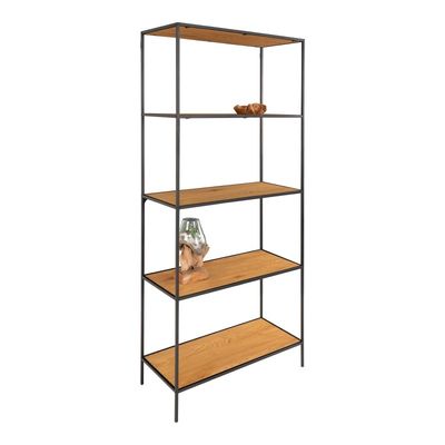 Vita Reol - Reol med sort ramme og 5 egetrælook hylder 80x36x170 cm