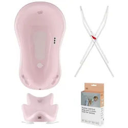Hylat Baby Babybadewanne Hylat Baby Badewanne Set - für Neugeborene und Babys – Motiv Hug Me, (4-teiliges SET, 4-tlg), Babywanne, Sitz, Ständer, Abfluss – Rosa rosa
