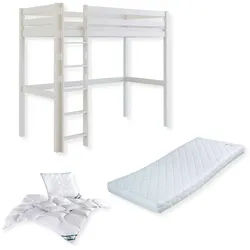 Komplettset Mika – Hochbett inkl. Rollrost mit Matratze, Decke und Kissen, weiß