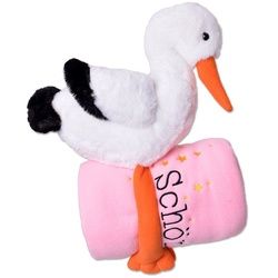TE-Trend Kuscheltier Storch 38cm Plüschtier Stofftier mit rosa Decke 100x80cm, mit Spruch Decke „Schön das du da bist“ weiß