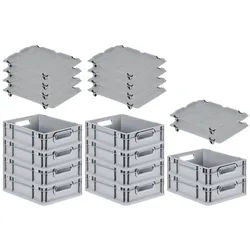 PROREGAL SparSet 10x Eurobox NextGen Grip mit Auflagedeckel & 4 schwarzen Verschlüssen, HxBxT 12x30x40cm, 11L, Grau, Griffe offen, Eurobehälter