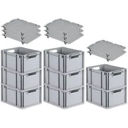 PROREGAL SuperSparSet 8x Eurobox NextGen Grip mit Auflagedeckel & 4 schwarzen Verschlüssen, HxBxT 22x30x40cm, 20L, Grau, Griffe offen, Eurobehälter