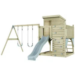 OutdoorToys Spielturm Björn, aus Holz in Eisblau mit Kinderschaukel & Rutsche, Kletterwand blau