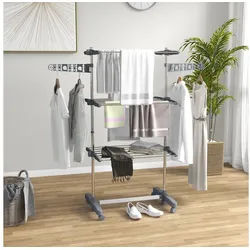 HOMCOM Wäscheständer Turm Wäscheständer mit Rollen, 3 Ebenen, für Indoor, Outdoor, Stahl Grau 80,142 x 55 x 152 cm grau