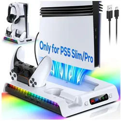 TUWENA Standfuß für PS5 Pro/PS5 Slim, LED Controller Ladestation Zubehör PlayStation 5-Controller (kompatibel mit Playstation5 Pro/Slim Digital/Disc Edition) weiß