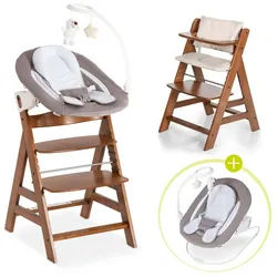 Hauck Hochstuhl Alpha Plus Walnut - Newborn Set Deluxe (Set, 4 St), Holz Babystuhl ab Geburt inkl. Aufsatz für Neugeborene & Sitzauflage braun