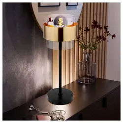 GLOBO LIGHTING LED Tischleuchte, Leuchtmittel nicht inklusive, Tischleuchte Beistellleuchte Nachttischlampe Messingring Glas schwarz schwarz
