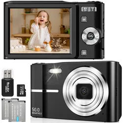 AIBISTAR Digitalkamera 1080P 50MP für Kinder mit 16X Zoom 32G Kompaktkamera (50 MP, inkl. zwei Akkus, ein Cardreader, 32 GB, Gesichtserkennung,Serienbildmodus,Anti-Shake Funktion,Selbstauslöser) schwarz