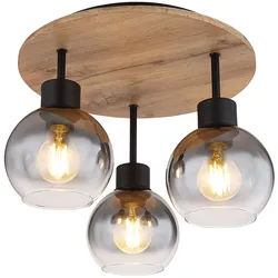 Deckenleuchte Schlafzimmerlampe Deckenstrahler Holzoptik Glasschirm 3-flammig Deckenlampe, Metall MDF, 3x E27 Fassung, DxH 38x30 cm