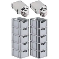 PROREGAL SparSet 10x Eurobox NextGen Color mit Auflagedeckel & Verschlüsse, HxBxT 22x30x40cm, 20L, Grau, Griffe schwarz offen, Eurobehälter