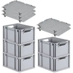 PROREGAL SparSet 5x Eurobox NextGen Grip mit Auflagedeckel & 4 schwarzen Verschlüssen, HxBxT 22x30x40cm, 20L, Grau, Griffe offen, Eurobehälter
