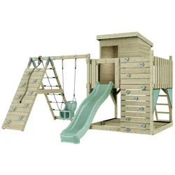 OutdoorToys Spielturm Freja, aus Holz in Mintgrün mit Babyschaukel & Rutsche, Kletterwand grün