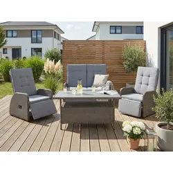 KONIFERA Gartenlounge-Set Vigo, (Set, 8-tlg., 2x Sessel, 1x 2er Sofa, 1x Tisch 120x60x60cm, inkl. Auflagen), Polyrattan, Aluminium, verstellbare Rückenlehne und Fußablage braun|grau