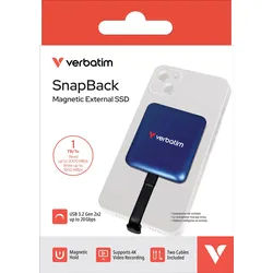 Verbatim SSD SnapBack 1TB, inkl. 2 Kabel, USB-C, Blue Metallic (R) 2000MB/s, (W) 1600MB/s, Retail-Blister