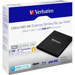 Verbatim Blu-ray Recorder, USB 3.1, A-C, 6x/8x/24x, Slimline Portable, schwarz, BDXL, 4K UHD, M-DISC, Software, Retail