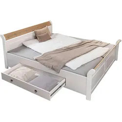 Ti'me Stauraumbett , Weiß, Eichefarben , Holz , Kiefer , vollmassiv , 1 Schublade(n) Schubladen , 180x200 cm , Babymöbel & Kindermöbel, Kinderzimmer & Jugendzimmer, Kinderbetten, Kinderbetten & Jugendbetten