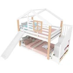 Okwish Etagenbett 90/200 cm weiß mit Rutsche und Stauraum im skandinavischen Stil , Weiß , Holz , 90x200 cm , Babymöbel & Kindermöbel, Kinderzimmer & Jugendzimmer, Stockbetten
