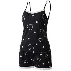 fashionshowcase Pyjama Damen Sommer Schlafanzug kurz Spaghettiträger Set Baumwolle (Hausanzug, 2-teiliges Set) atmungsaktiv, weich, hautfreundlich schwarz S (34)