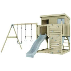 OutdoorToys Spielturm Nils, aus Holz in Eisblau mit Trapezstange & Rutsche, Kletterwand blau
