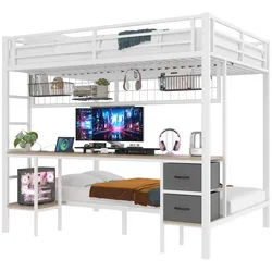 Okwish Hochbett 140/200 cm Weiß mit Schreibtisch mit LED-Beleuchtung und USB-Anschluss , Metall , 140x200 cm , Babymöbel & Kindermöbel, Kinderzimmer & Jugendzimmer, Kinderbetten, Hochbetten