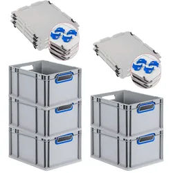 PROREGAL 5x Eurobox NextGen Color mit Auflagedeckel & Schiebeschnappverschlüsse | HxBxT 22x30x40cm | 20L | Griffe blau offen