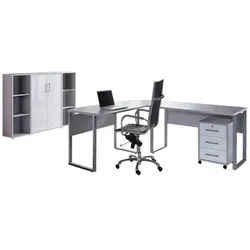 Mid.you Büro , Grau, Weiß Hochglanz , Holzwerkstoff , 4,2 Fächer , 3 Schublade(n) Schubladen , Made in Germany , erweiterbar, in verschiedenen Holz-Dekoren erhältlich, Schreibtisch seitenverkehrt montierbar, abschließbar , Büromöbel, Büromöbel-Sets & Büromöbel-Serien, Büromöbel-Sets & Büromöbel-Serien