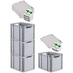 PROREGAL 4x Eurobox NextGen Grip mit Scharnierdeckel & grünen Verschlüssen | HxBxT 32x30x40cm | 30 Liter | Griffe offen | Glatter Boden