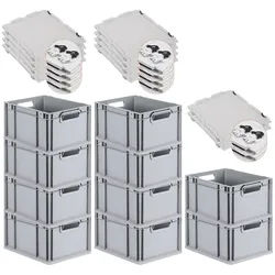 PROREGAL 10x Eurobox NextGen Grip mit Scharnierdeckel & schwarzen Verschlüssen | HxBxT 22x30x40cm | 20 Liter | Griffe offen | Glatter Boden