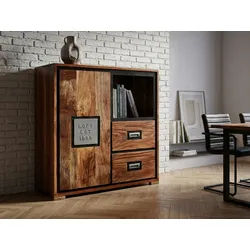 Massivart® Highboard 75 cm Breite Massivholz Akazie Altholz »NARVIK«, montiert · 2 Schubladen · 1 offenes Ablagefach · viel Stauraum beige