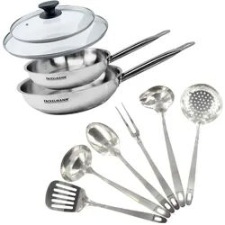 Set aus 2 Edelstahlpfannen 24 und 28 cm, 2 Glasdeckeln und 6 Edelstahlutensilien Fackelmann Eterna
