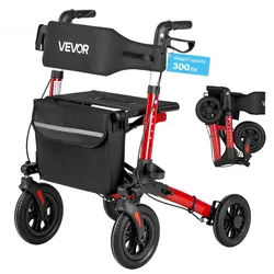 VEVOR Rollator 3-Fach Faltbar mit Sitz, Leichter Gehwagen mit 4 Reifen, Gehhilfe bis 136 kg mit Rückenlehne Tasche Gehstockhalter, Höheverstellbare Laufhilfe mit Feststellfunktion für Senioren, Rot