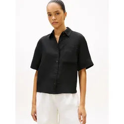 Kurzarmbluse TOMMY HILFIGER "ESS LINEN SHORT SLEEVE SHIRT", Damen, Gr. S (36/38), schwarz, Web, Obermaterial: 100% Leinen, unifarben, gerade normal, V-Ausschnitt, abgesteppte Kante, Blusen, mit aufgesetzter Brusttasche und Flag-Stickerei, reines Leinen
