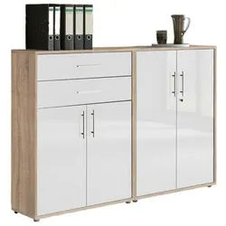 Mid.you Aktenschrank , Sonoma Eiche, Weiß Hochglanz , Holzwerkstoff , 3 Fächer , 2 Schubladen , 168.8x113.6x33 cm , Made in Germany , erweiterbar, in verschiedenen Größen erhältlich, abschließbar , Büromöbel, Büroschränke, Aktenschränke