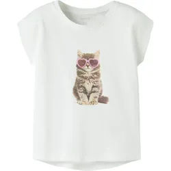 T-Shirt NAME IT "NMFVOTIA CAPSL TOP", Mädchen, Gr. 116, hellweiß print:sunglasses cat, Jersey, Obermaterial: 100% Baumwolle, bedruckt, loose fit normal, Rundhals, Shirts T-Shirt, Baumwolle, loose fit