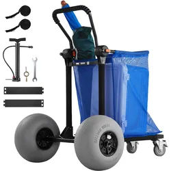 VEVOR Strandwagen mit Ballonreifen (12 Zoll), Faltbarer Strandtrolley mit 180° Verstellbarem Griff Pumpe und Aluminiumrahmen, Handwagen (75 kg Belastbar), Strandkarre Ideal für Camping Angeln Garten