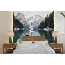 MuchoWow Fototapete Boot - Berge - Natur - Wasser, Matt, bedruckt, Vinyl Tapete für Wohnzimmer oder Schlafzimmer, Wandtapete, 350x350 cm 3.5 m x 4 m