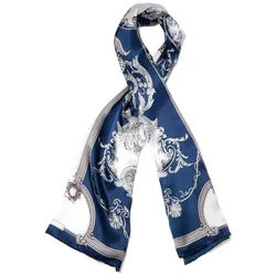 MayTree Seidenschal Floral Nachtblau Weiss, 55x175, leichter Damenschal, alljährig, (Stück), Seidentuch 100% Seide blau