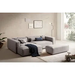 LeGer Home by Lena Gercke Ecksofa PIARA XXL, L-Form, Schlaffunktion, Cord, Leinenoptik o. Strukturstoff, Hocker stellbar zum Schlafsofa (Krokodilverbinder), tiefe Sitzfläche grau|silberfarben
