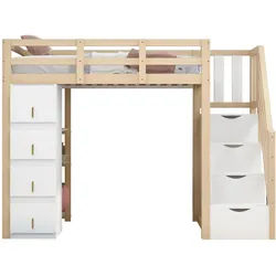 Okwish Hochbett 90/200 cm aus Massivholz mit Stauraumschubladen und Regal ohne Matratze , Weiß , Holz , 90x200 cm , Babymöbel & Kindermöbel, Kinderzimmer & Jugendzimmer, Kinderbetten, Hochbetten