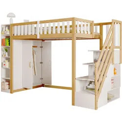 Okwish Hochbett 90/200 cm Weiß Naturholz mit Kleiderschrank Regalen und Stauraumleiter , Holzwerkstoff , 90x200 cm , Babymöbel & Kindermöbel, Kinderzimmer & Jugendzimmer, Kinderbetten, Hochbetten